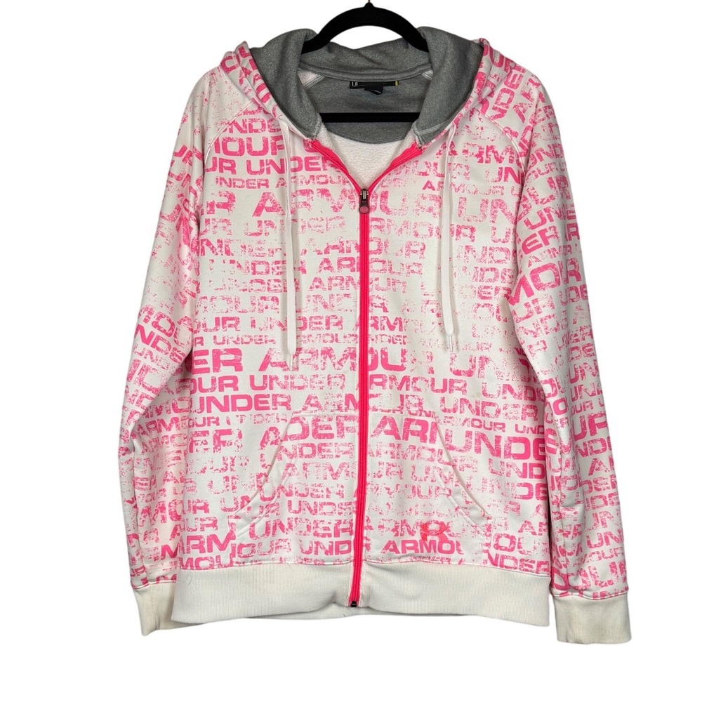 UNDER ARMOUR Women's Full Zip, Hot Pink Graffiti, Breast Cancer Ribbon, Size Lg